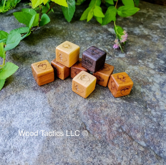 Heroscape Tabletop game 16mm D6 battle dice made from various hardwood.