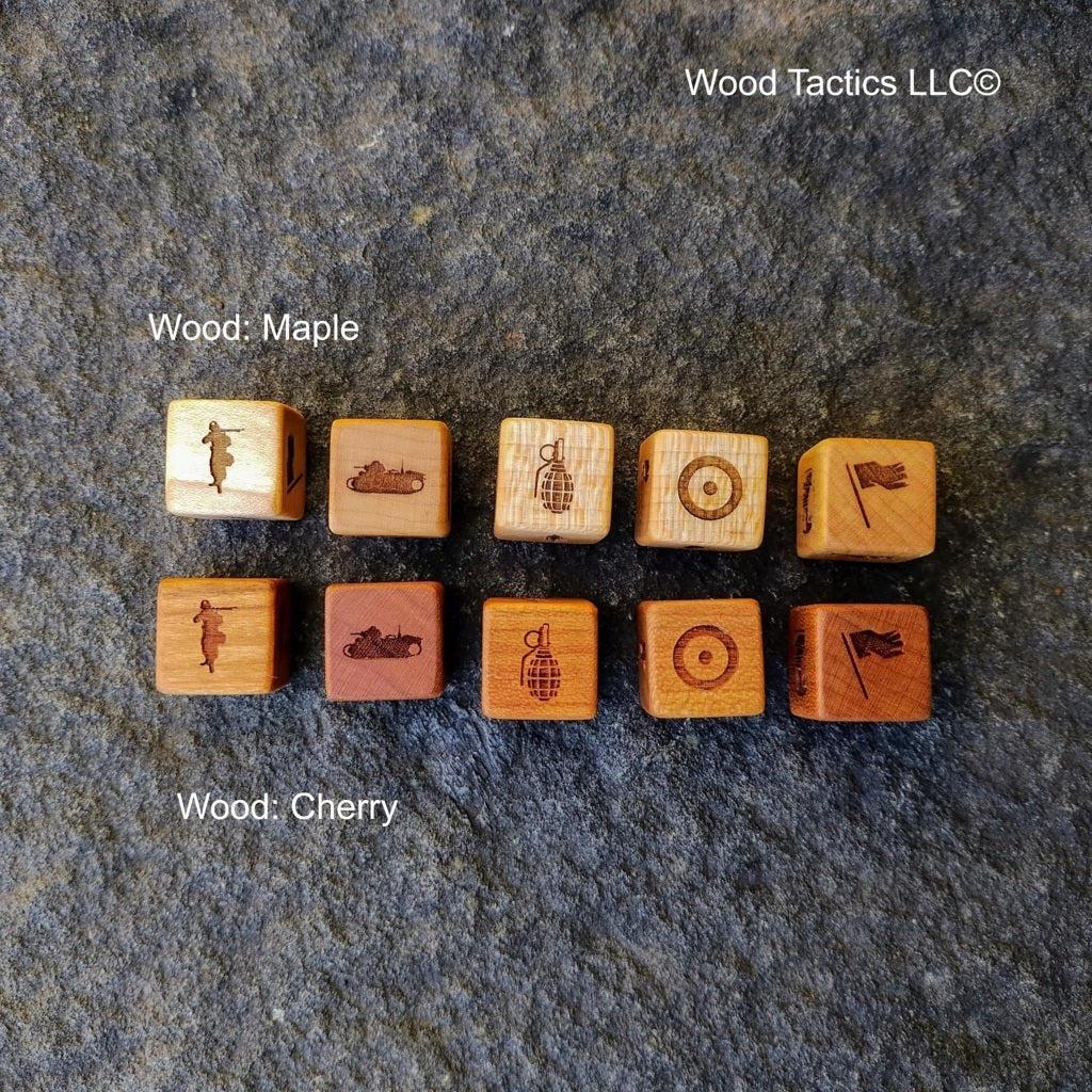 Cherry and Maple Hardwood Memoir 44 game dice, with original game symbols replaced with France faction specific symbols