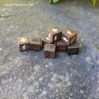 Walnut Hardwood Memoir 44 game dice, with original game symbols replaced with German faction specific symbols