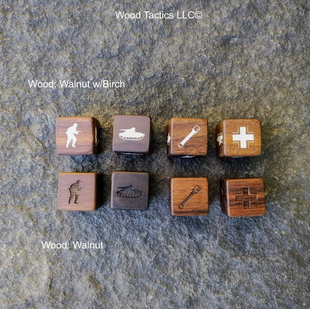 Walnut Hardwood Memoir 44 game dice, with original game symbols replaced with German faction specific symbols