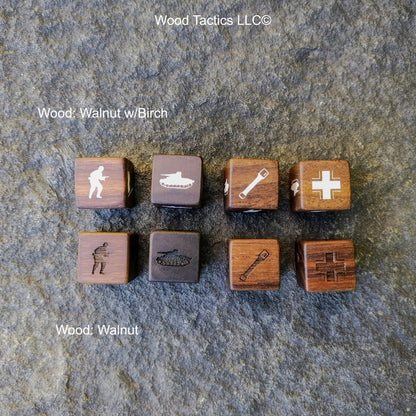Walnut Hardwood Memoir 44 game dice, with original game symbols replaced with German faction specific symbols