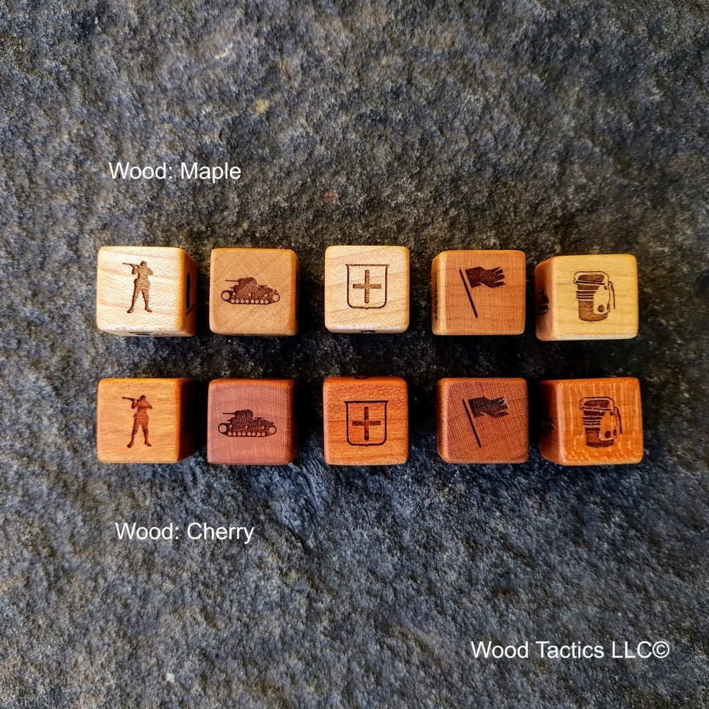 Cherry and Maple Hardwood Memoir 44 game dice, with original game symbols replaced with Italy faction specific symbols