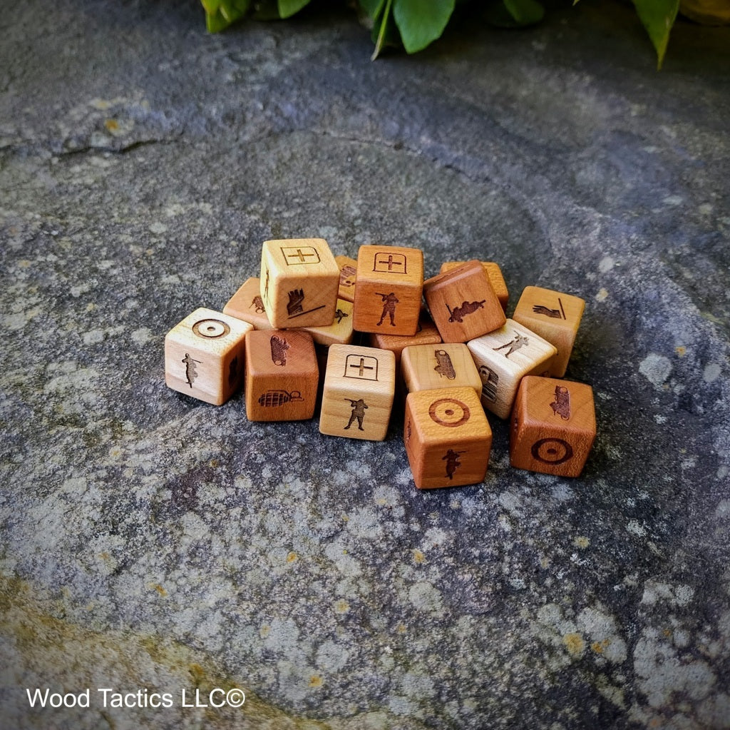 Various Hardwood Memoir 44 game dice, with faction symbols for Italy and France.