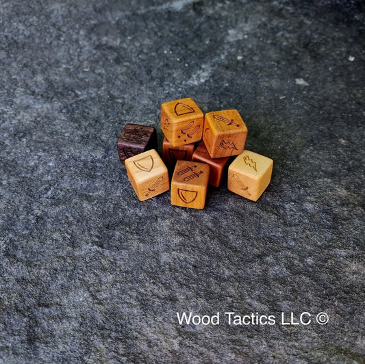 Munchkin Dungeon Boardgame 16mm D6 battle dice made from various hardwood.