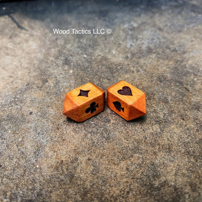 Cherry Hardwood Barrel D4 Dice with Card Suit symbols on each face.