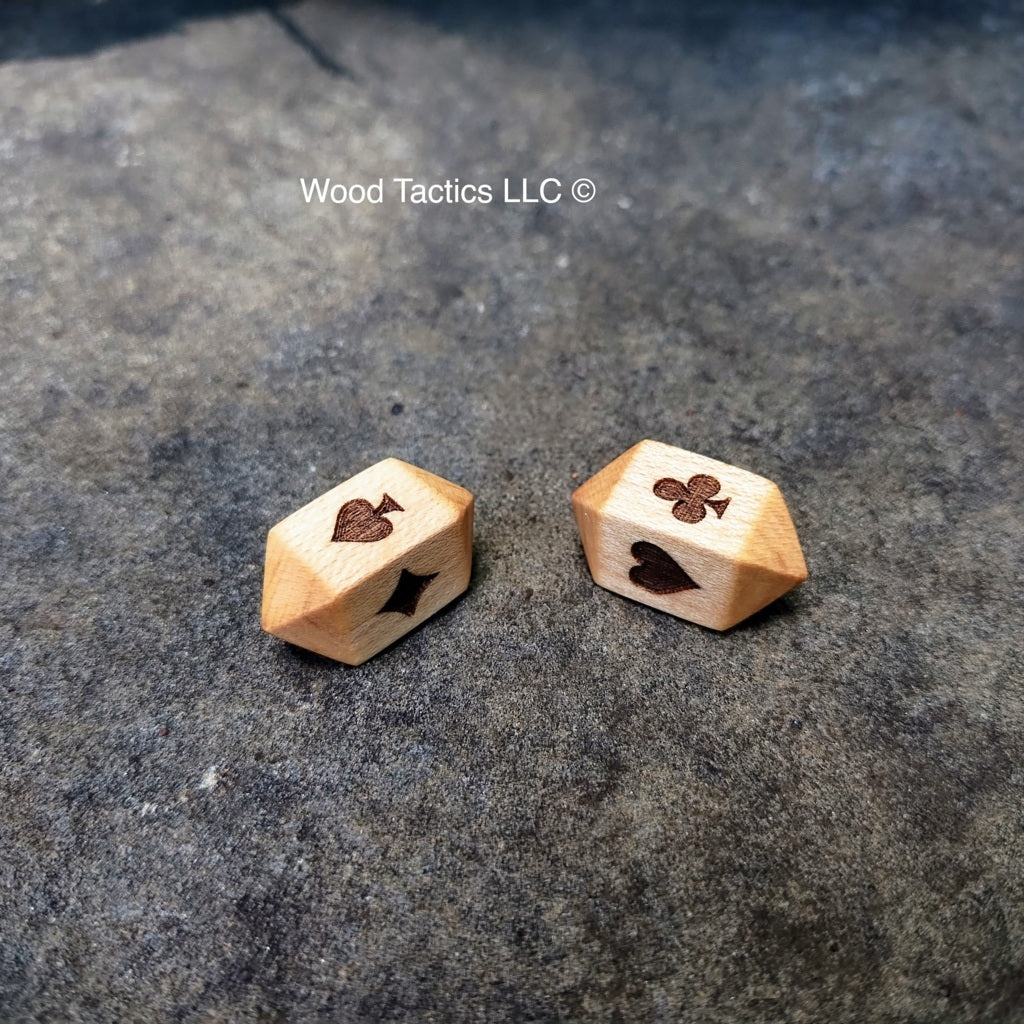 Maple Hardwood Barrel D4 Playing Card dice with Card Suit Symbols