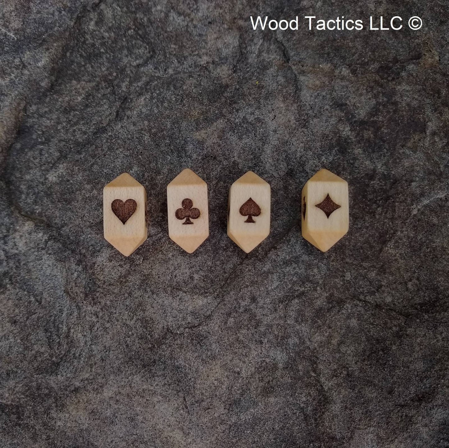 Maple Hardwood Barrel D4 Playing Card dice with Card Suit Symbols.