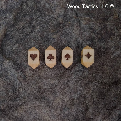 Maple Hardwood Barrel D4 Playing Card dice with Card Suit Symbols.