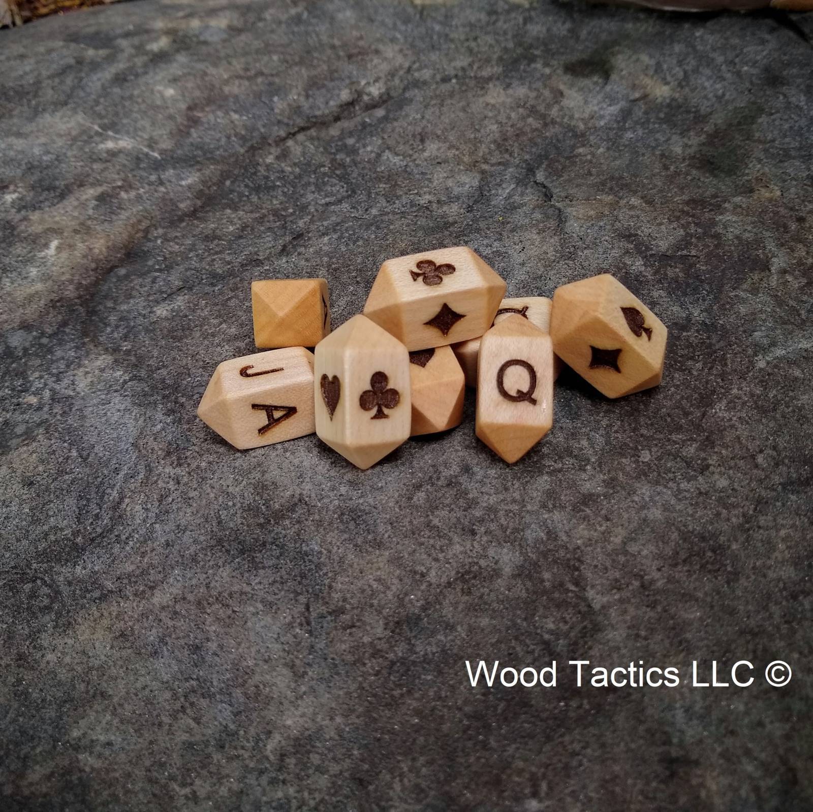Maple Hardwood Barrel D4 Playing Card dice with Card Suit or Card Letters (J/Q/K/A) Symbols