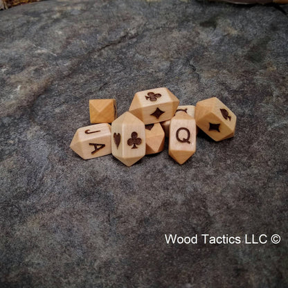 Maple Hardwood Barrel D4 Playing Card dice with Card Suit or Card Letters (J/Q/K/A) Symbols