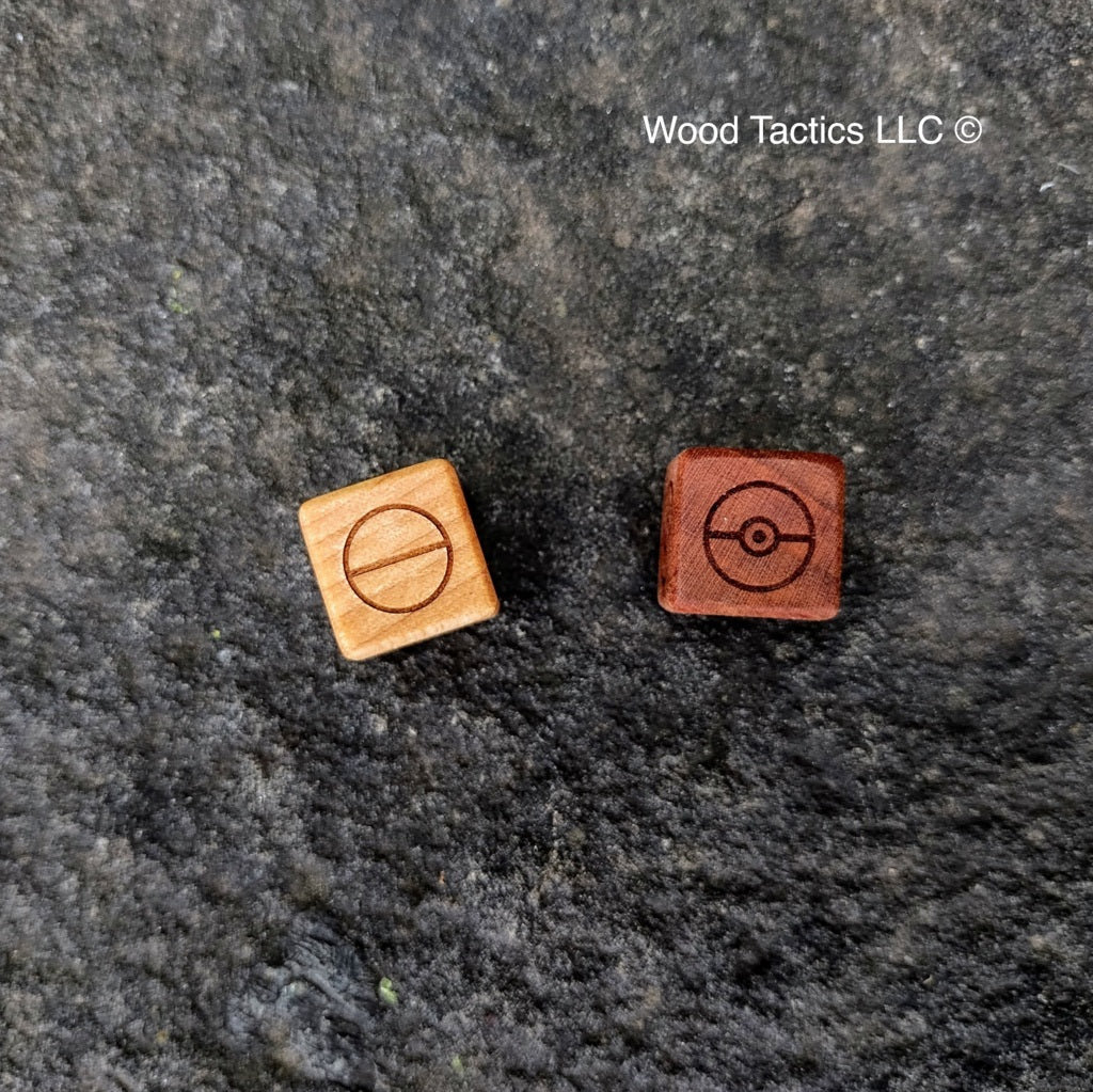 Cherry and Maple Hardwood Pokémon TCG Coin Flip dice with Pokeball with front and back symbols