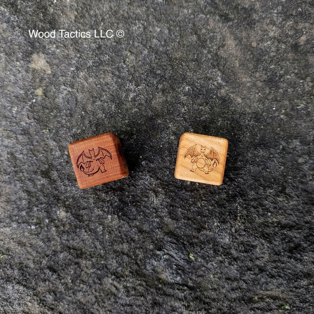 Cherry and Maple Hardwood Pokémon TCG Coin Flip dice with Charizard with front and back symbols