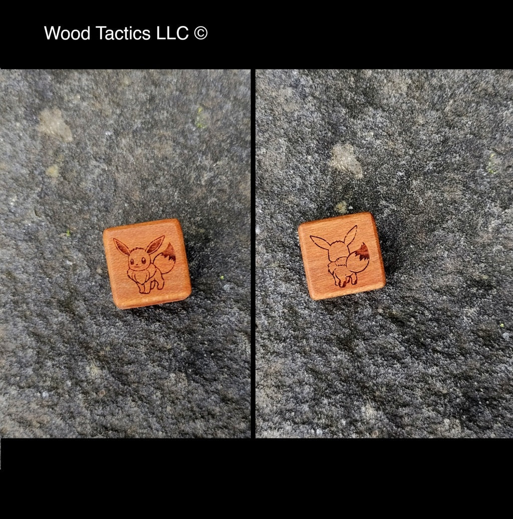 Cherry Hardwood Pokémon TCG Coin Flip dice with Evee with front and back symbols