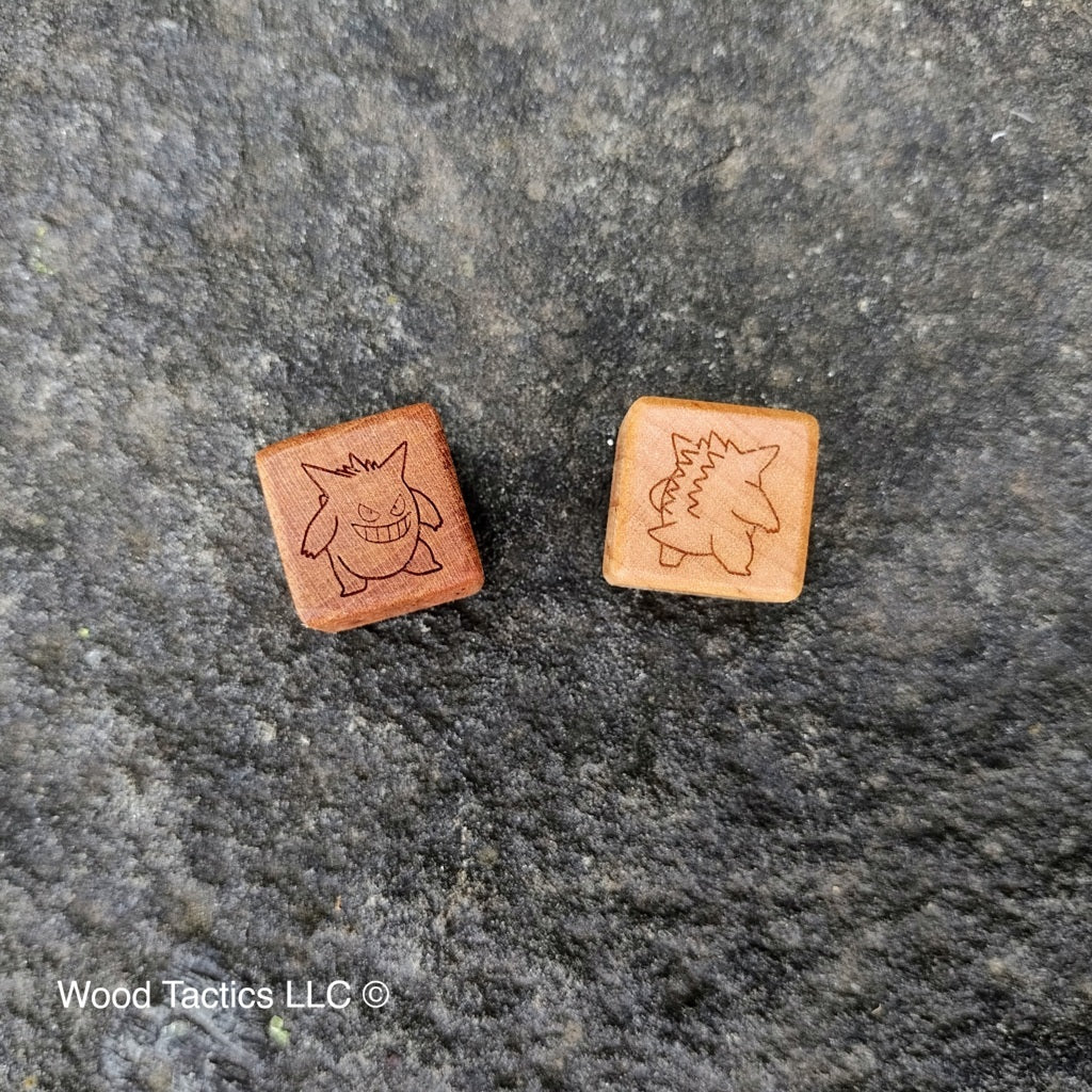 Cherry and Maple Hardwood Pokémon TCG Coin Flip dice with Gengar with front and back symbols