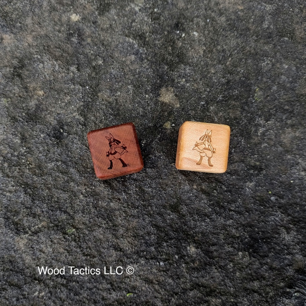 Cherry and Maple Hardwood Pokémon TCG Coin Flip dice with Lucario with front and back symbols