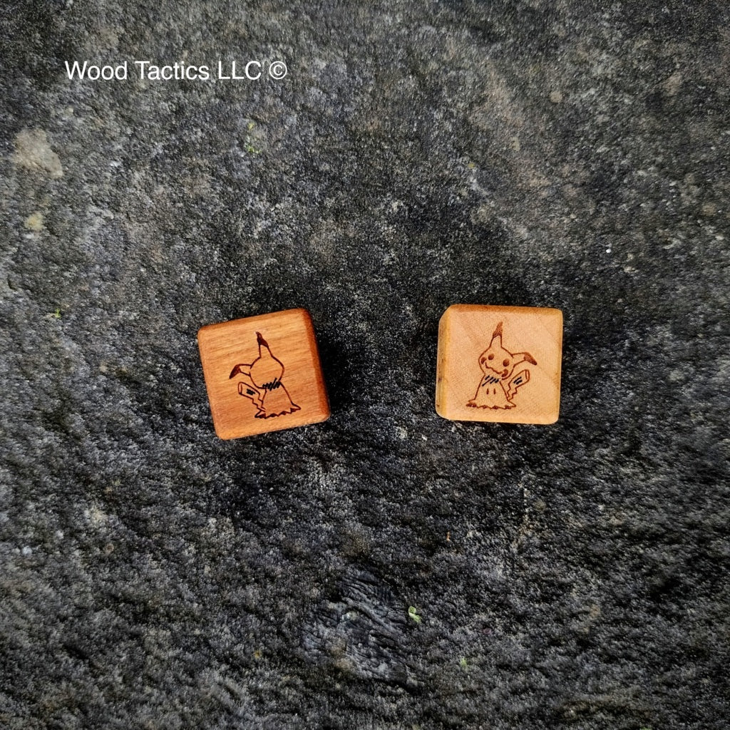 Cherry and Maple Hardwood Pokémon TCG Coin Flip dice with Mimikyu with front and back symbols