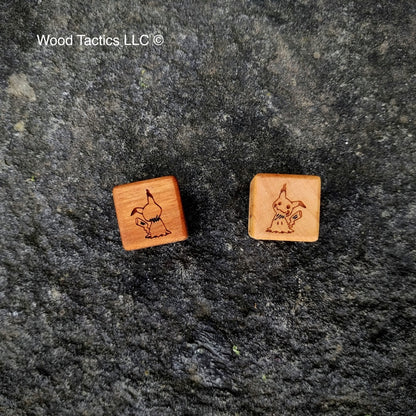 Cherry and Maple Hardwood Pokémon TCG Coin Flip dice with Mimikyu with front and back symbols