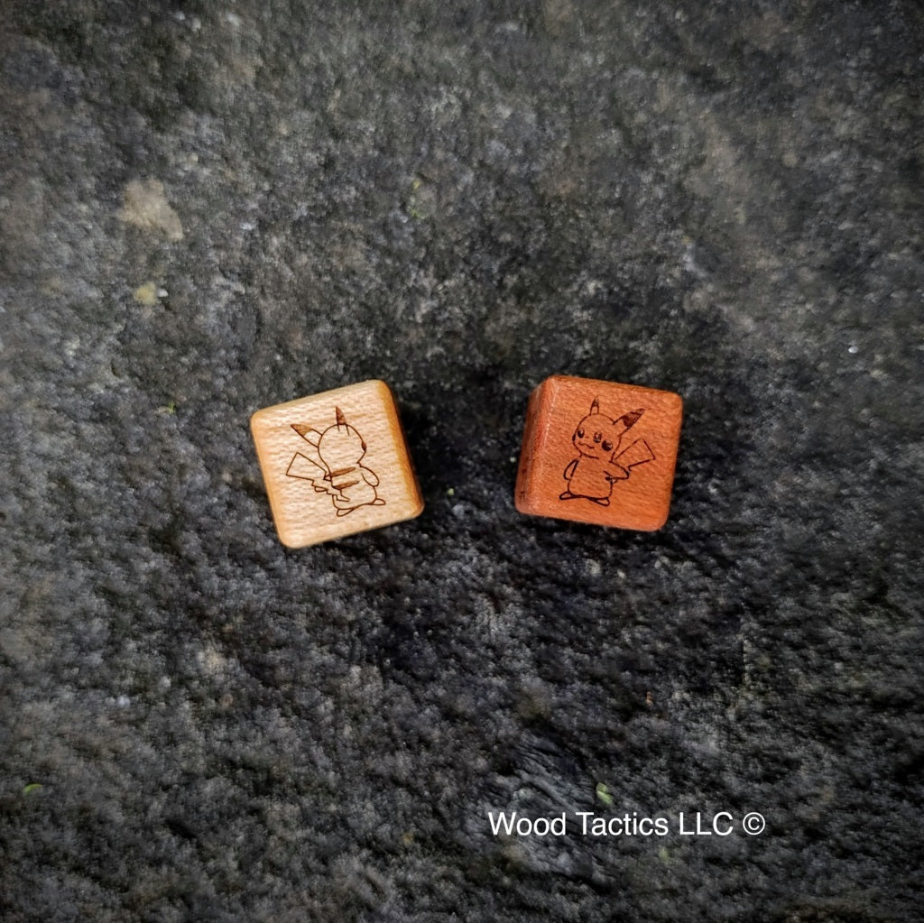 Cherry and Maple Hardwood Pokémon TCG Coin Flip dice with Pikachu with front and back symbols
