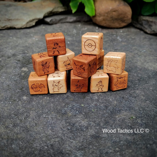 Cherry and Maple Hardwood Pokémon TCG Coin Flip dice with Pikachu, Charizard and Evee with front and back symbols