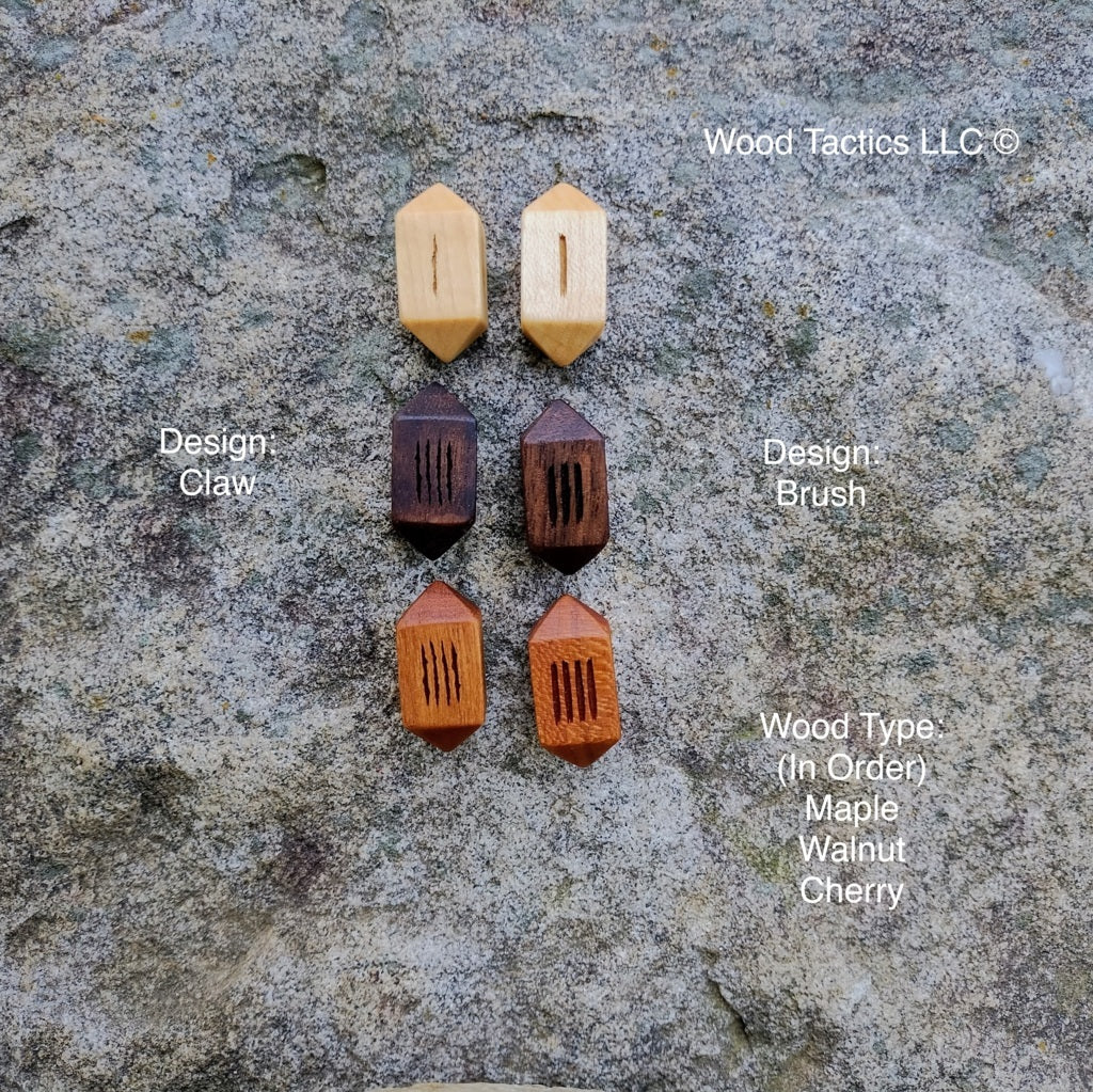 Tally and Hash Mark Tabletop Game four sided dice made from various hardwoods. Two designs Claw and Brush.
