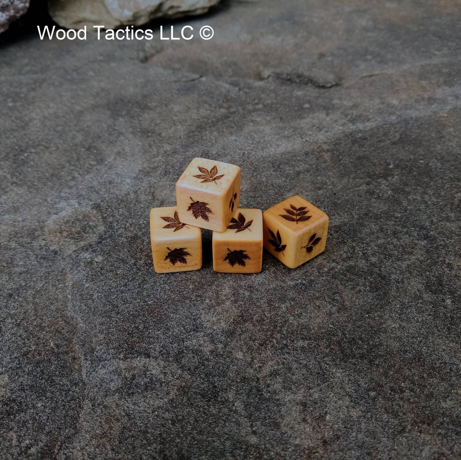 Maple hardwood d6 dice with intricate tree leaf designs: dogwood, oak, maple, hickory, walnut & cherry leaves.