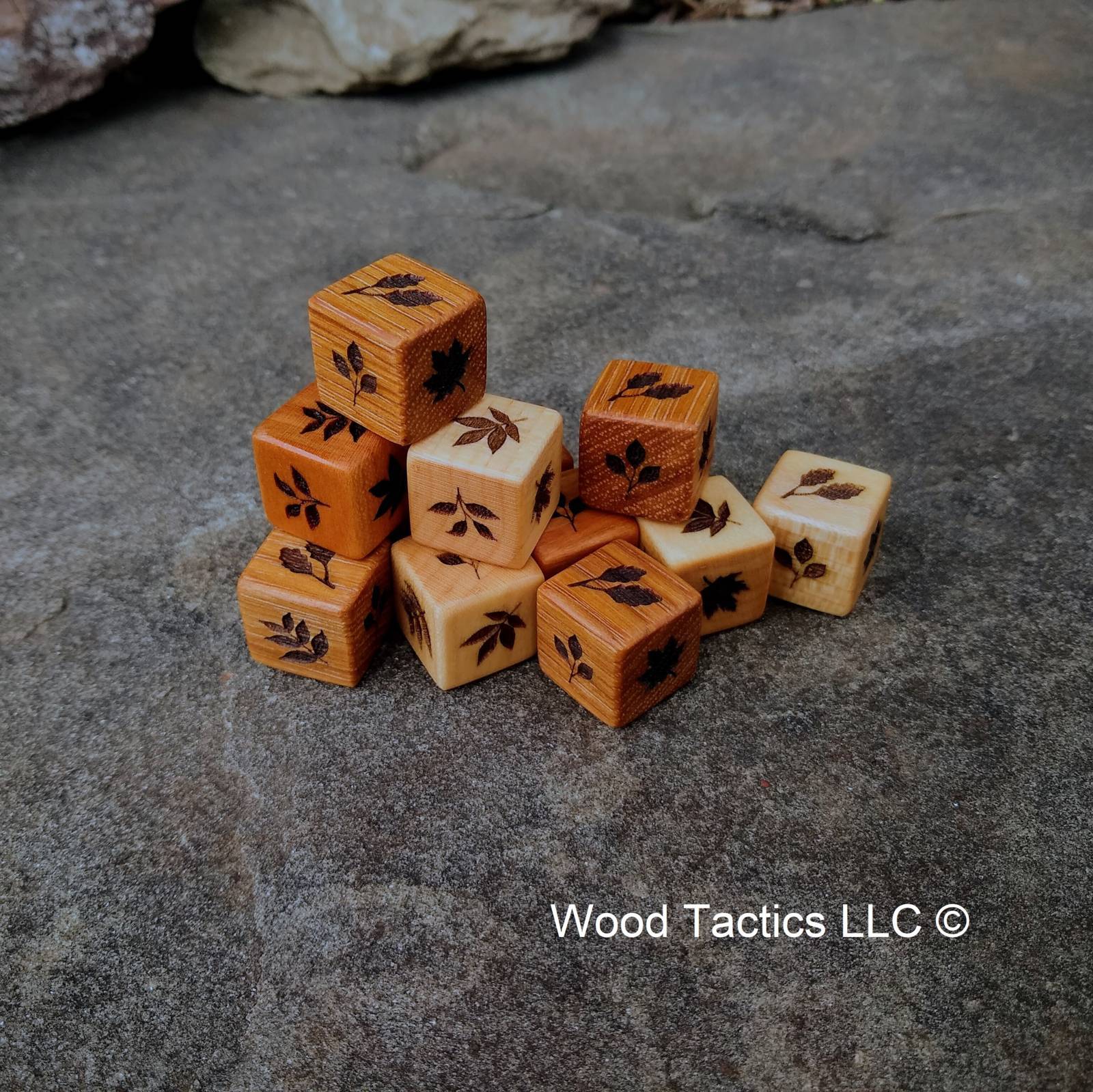 Handcrafted hardwood d6 dice with intricate tree leaf designs: dogwood, oak, maple, hickory, walnut & cherry leaves.