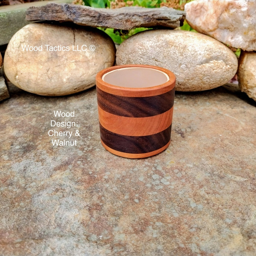 Handcrafted cherry and walnut wood dice cup, foam-lined for quiet rolls, with a beautiful striped pattern.