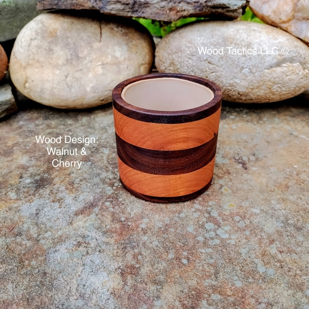 walnut and cherry wood dice cup with foam interior, striped design adds style and noise reduction to your game setup.