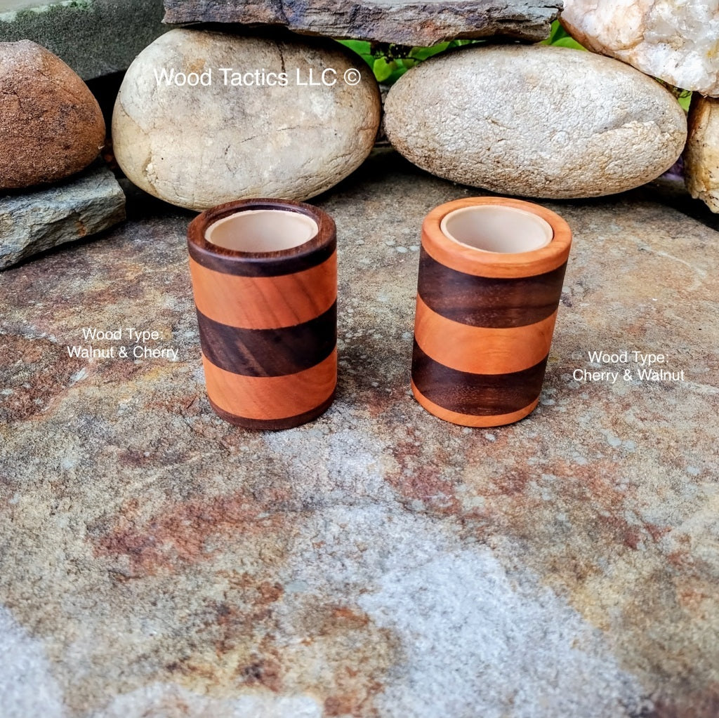 Small Walnut and Cherry Hardwood dice or pencil cup with foam lining, striped design. 