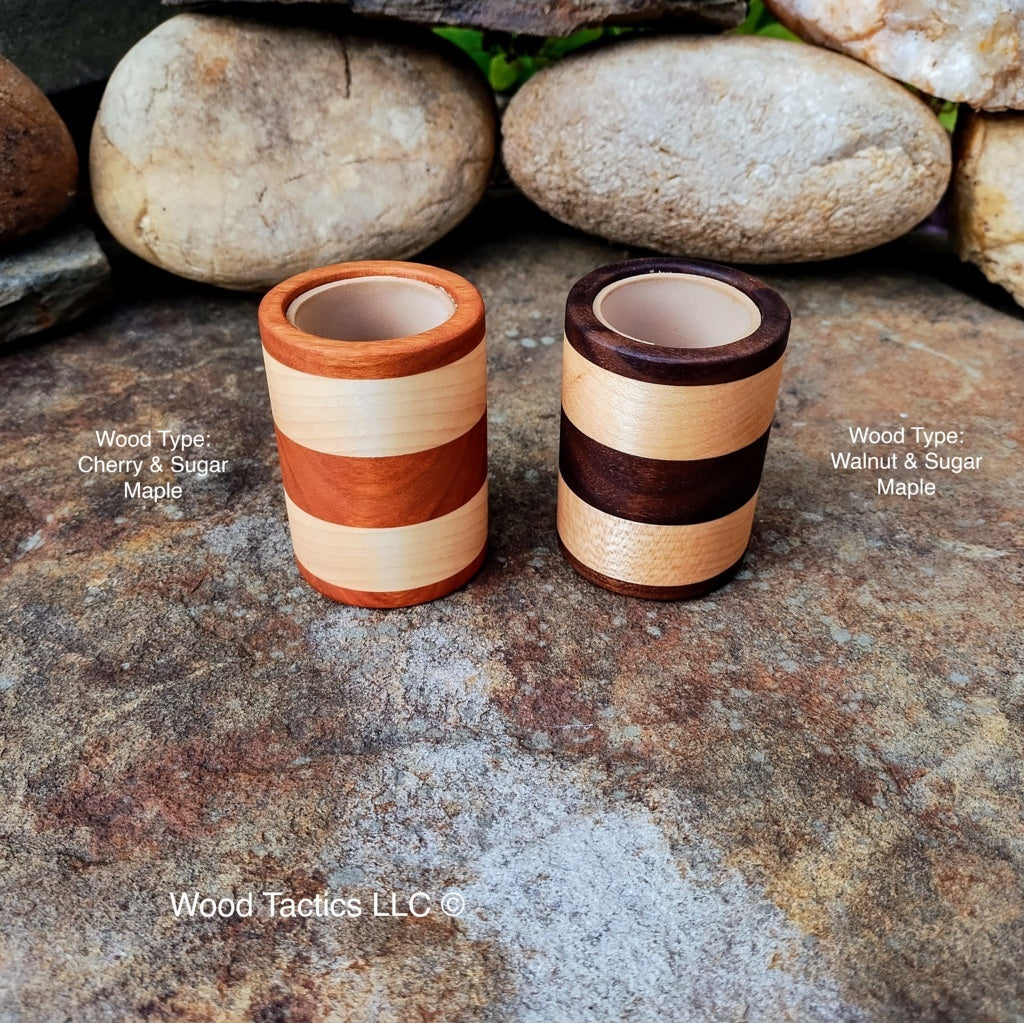 Small Walnut, Cherry and maple Hardwood dice or pencil cup with foam lining, striped design. 