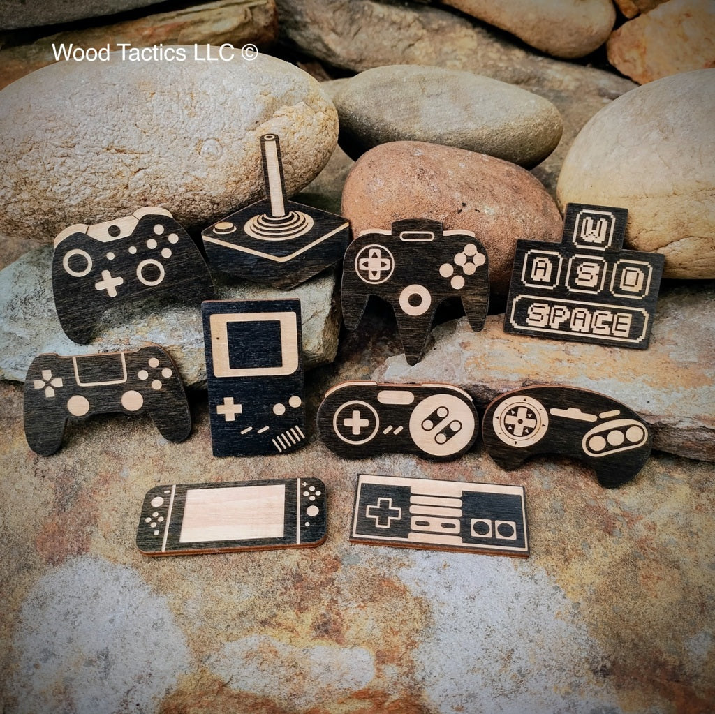 Handcrafted wood video game controller magnets, designs Sega/Nintendo/Xbox/Playstation/Gameboy/SNES/Sega/PC/Switch/N64/Atari 2600