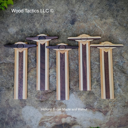 Mark&Hold: A unique bookmark with a thumb page holder, and made from Maple, Hickory and Walnut in a stripped pattern.