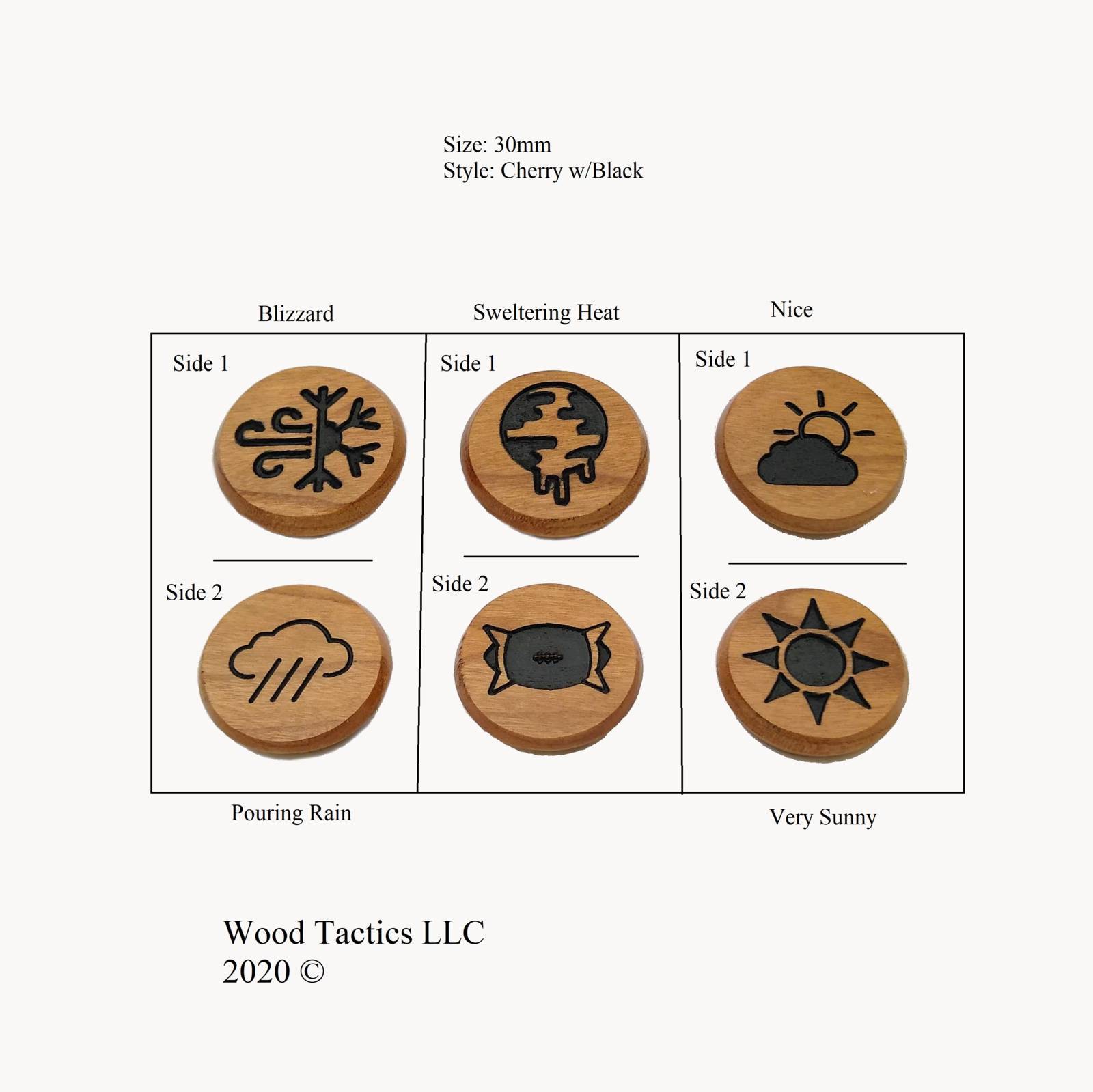 Blood Bowl Weather Tokens made from Cherry Hardwood. Featuring Bright Sun, Blizzard and Sweltering Heat , Rain designs