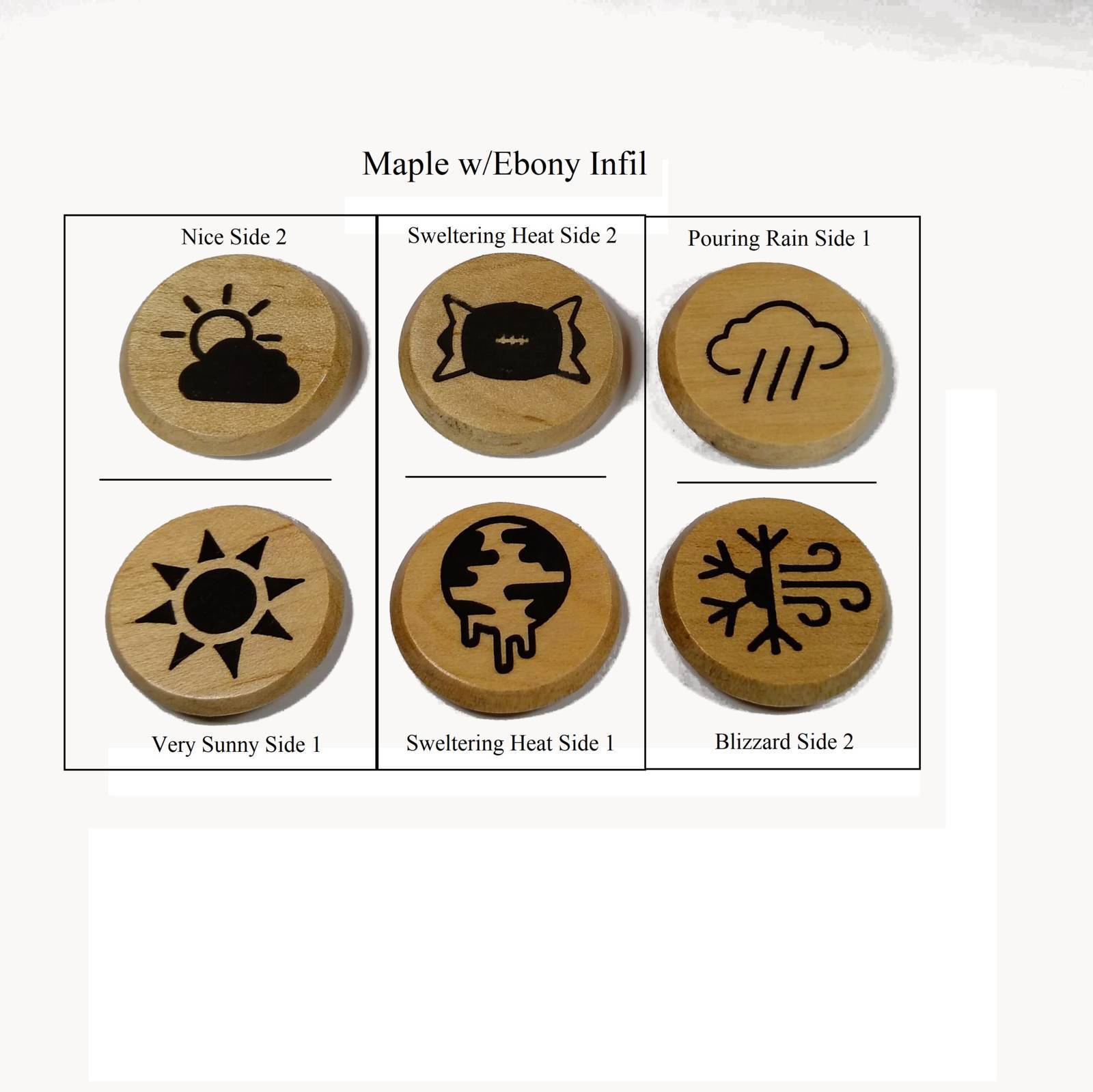 Blood Bowl Weather Tokens made from Maple Hardwood. Featuring Bright Sun, Blizzard and Sweltering Heat designs