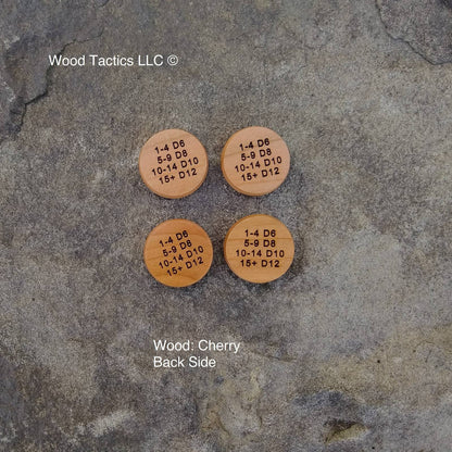 Dungeons and Dragons 5e Bardic Inspiration Tokens made from Cherry Hardwood. Back side with level and dice rule.
