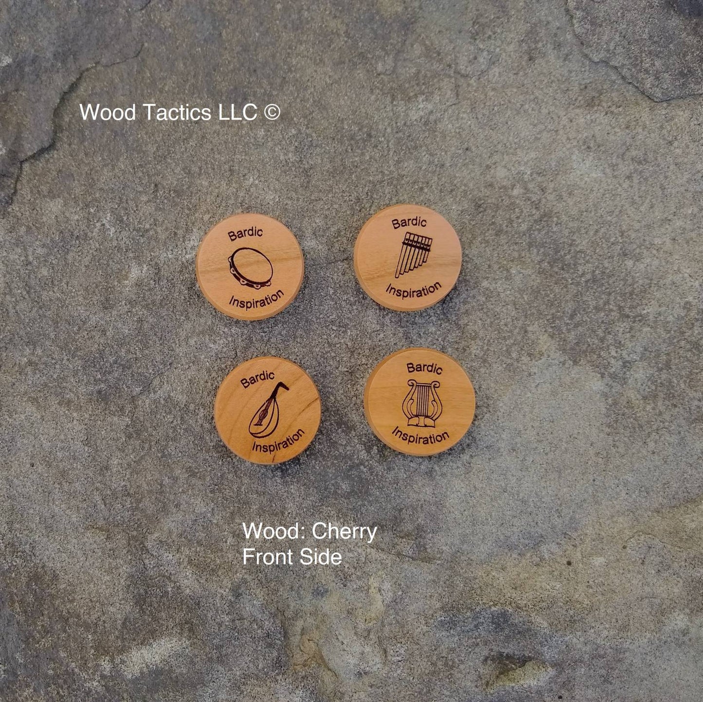 Dungeons and Dragons 5e Bardic Inspiration Tokens made from Cherry Hardwood. Featuring Lute, Flute, Lyre and Drum.