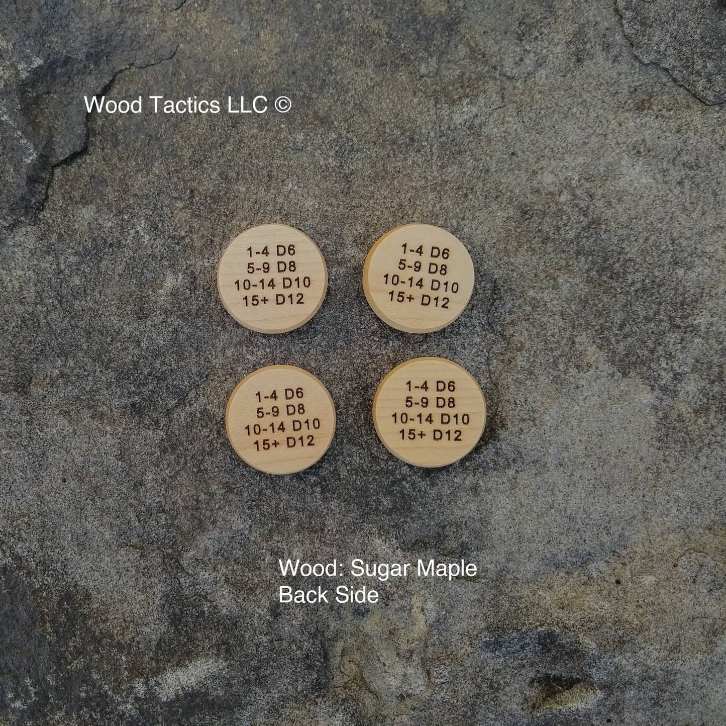 Dungeons and Dragons 5e Bardic Inspiration Tokens made from Maple Hardwood. Back side with level and dice rule.