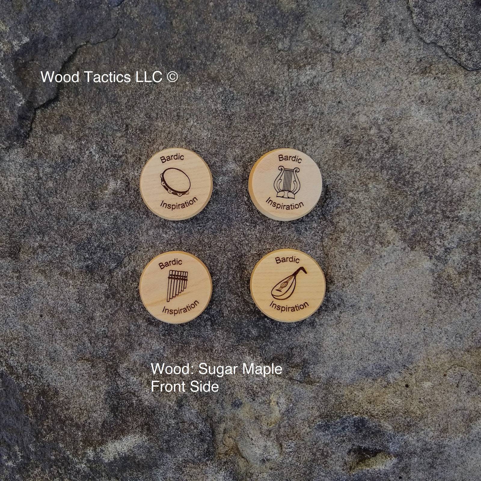 DnD 5e Bardic Inspiration Tokens made from Maple Hardwood. Featuring Lute, Flute, Lyre and Drum with Dice pattern.