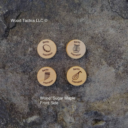 DnD 5e Bardic Inspiration Tokens made from Maple Hardwood. Featuring Lute, Flute, Lyre and Drum with Dice pattern.
