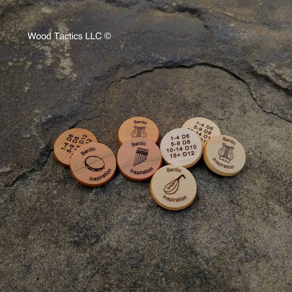 DnD 5e Bardic Inspiration Tokens made from Maple and Cherry Hardwood. Featuring Lute, Flute, Lyre and Drum with Dice pattern.