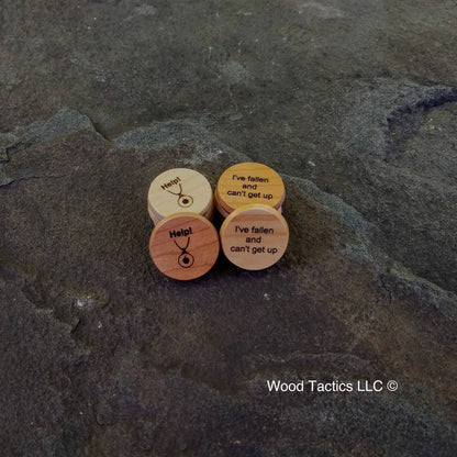 80's Throw back, Hardwood token with "Help" on one side and "I've fallen and can't get up on the other side".