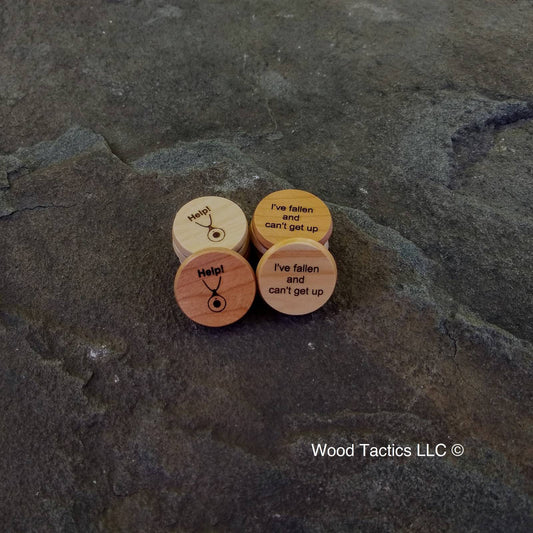 80's Throw back, Hardwood token with "Help" on one side and "I've fallen and can't get up on the other side".