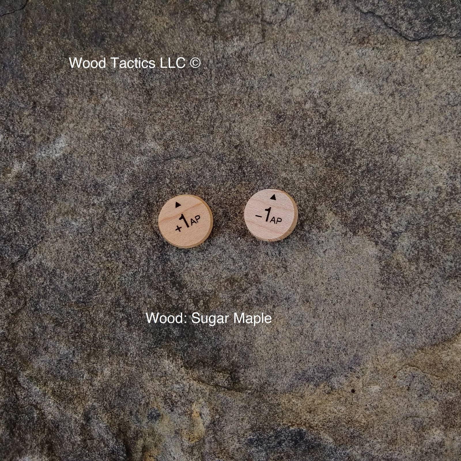 Maple Hardwood Action Point Tokens for Kill Team Board Game. Round plus one and minus one AP with arrow.