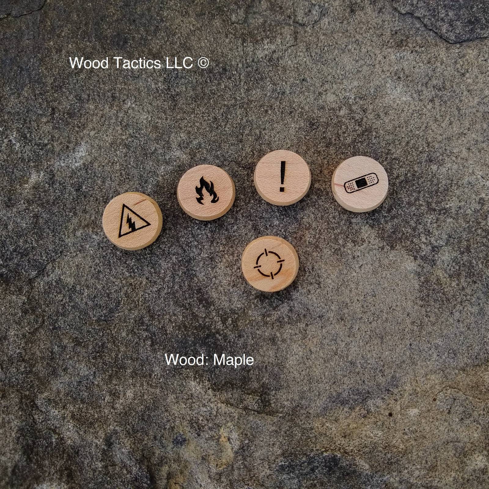 Maple Hardwood Status Tokens for Kill Team Board Game. Target, Band aid (wound), Fire, Electrical, and Crit Designs.