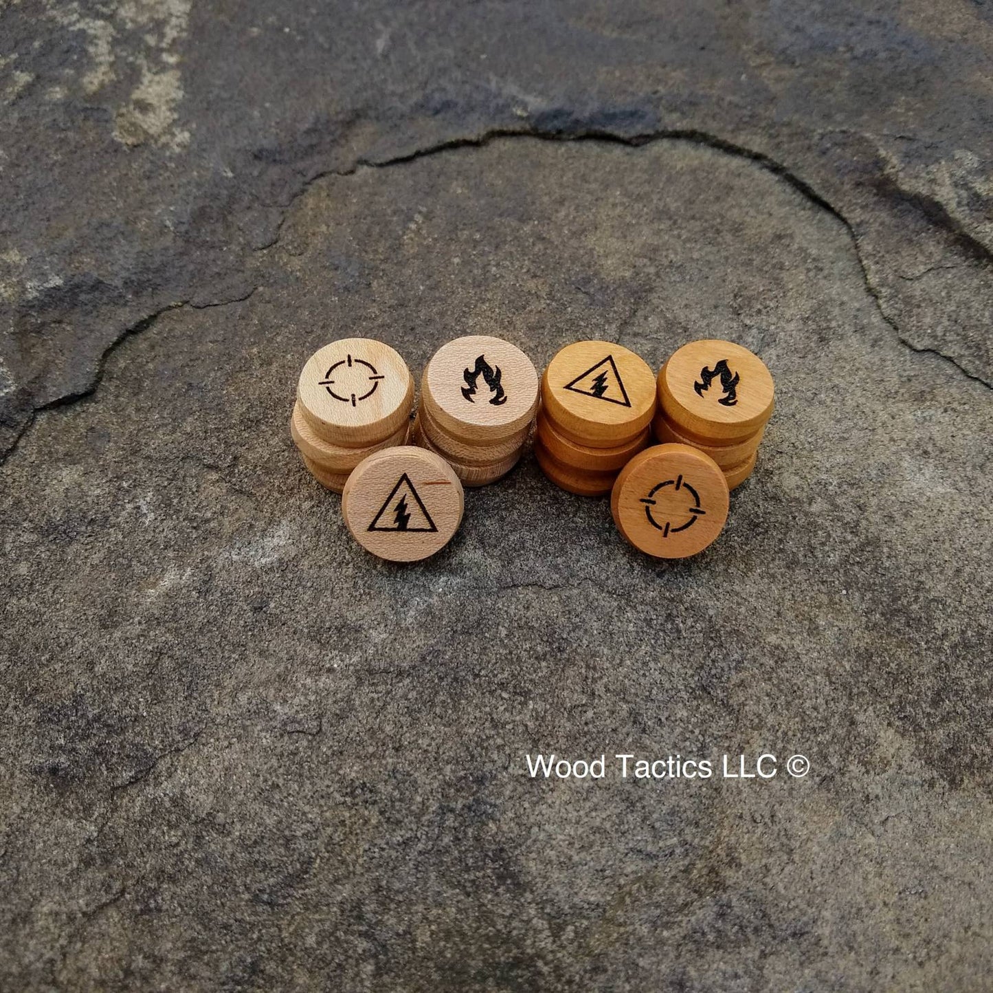 Maple and Cherry Hardwood Status Tokens for Kill Team Board Game. Target, Fire, and Electrical Designs.