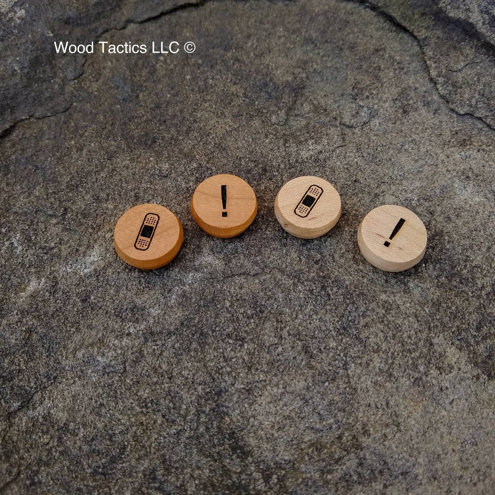 Maple and Cherry Hardwood Status Tokens for Kill Team Board Game.  Band aid (wound) and Crit Designs.