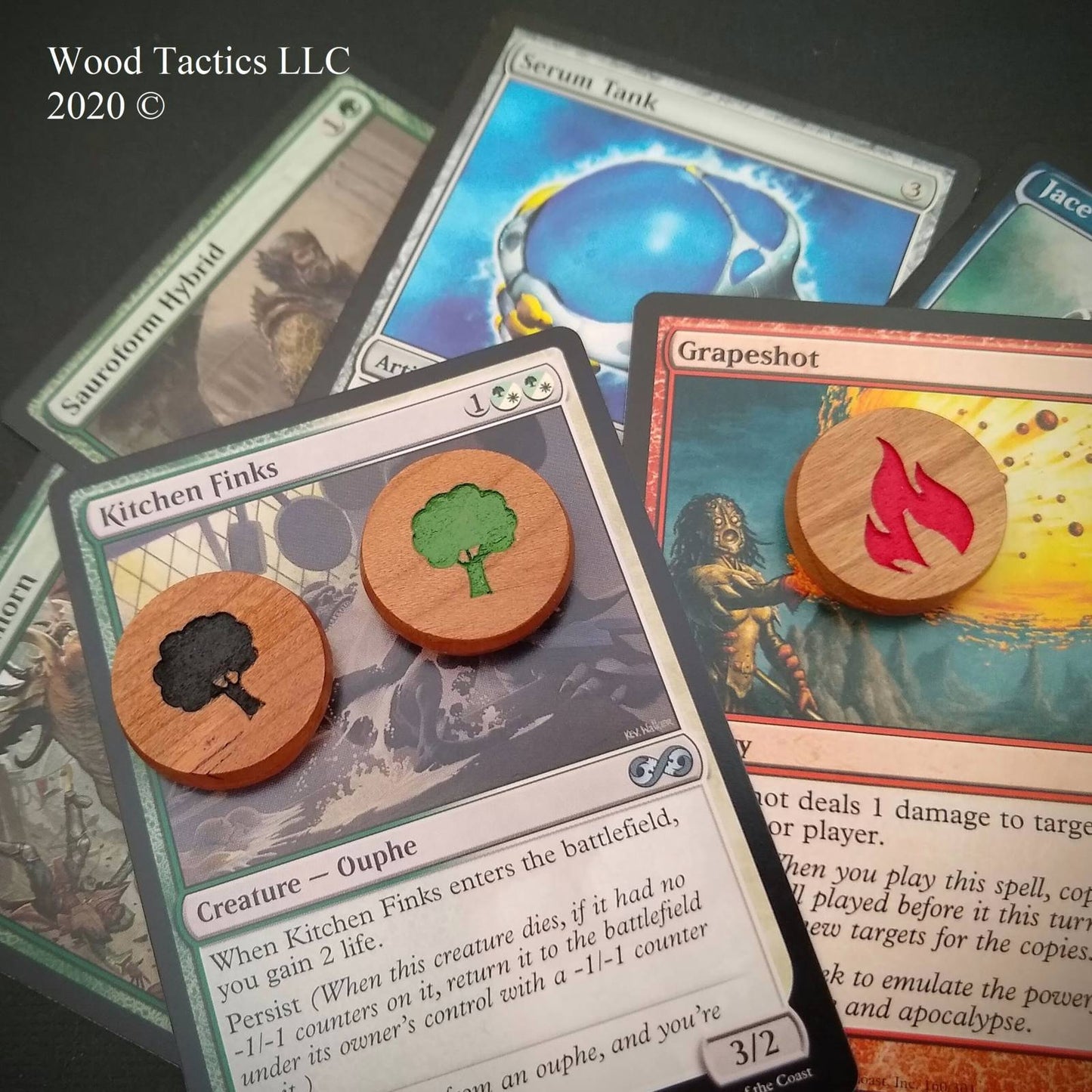 Mana Hardwood Tokens made from cherry and inked, for Magic The Gathering.