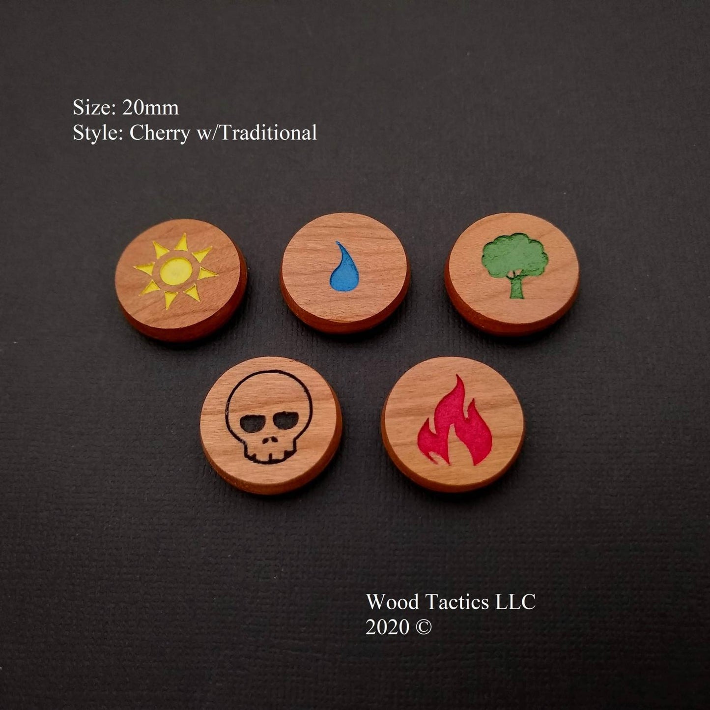 Mana Hardwood Tokens made from Cherry and inked, for Magic The Gathering.
