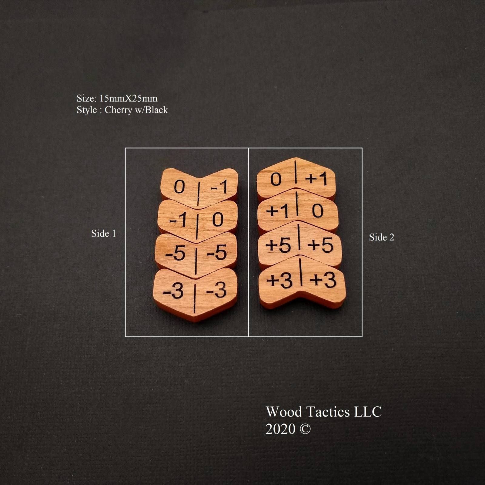 Magic The Gathering TCG Plus and Minus reversible Tokens made from Cherry Hardwood. Side 1 is minus and Side 2 is plus symbols.