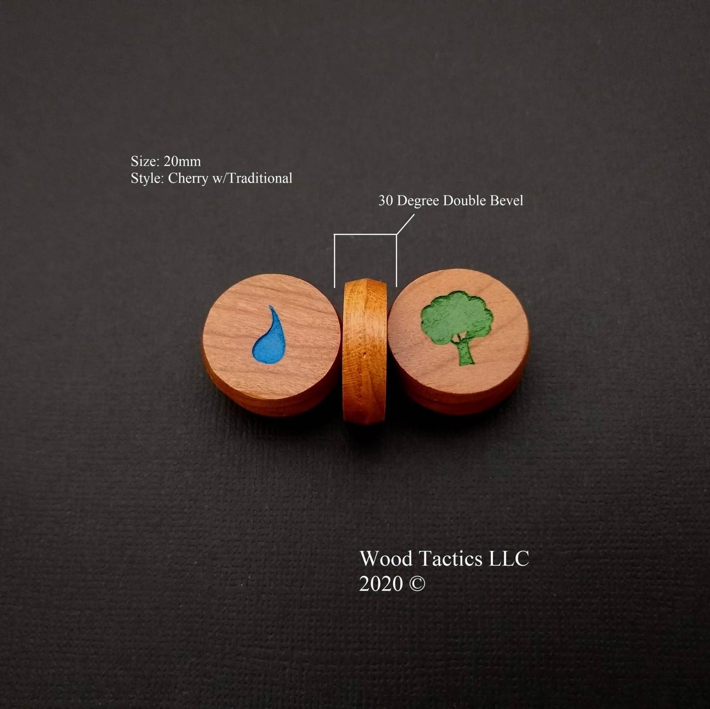Cherry Hardwood Mana Tokens, showing the double 30d beveled edge for Magic The Gathering.